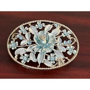 VTG Aqua Floral Rhinestone Silver Tone Victorian Style Belt Buckle